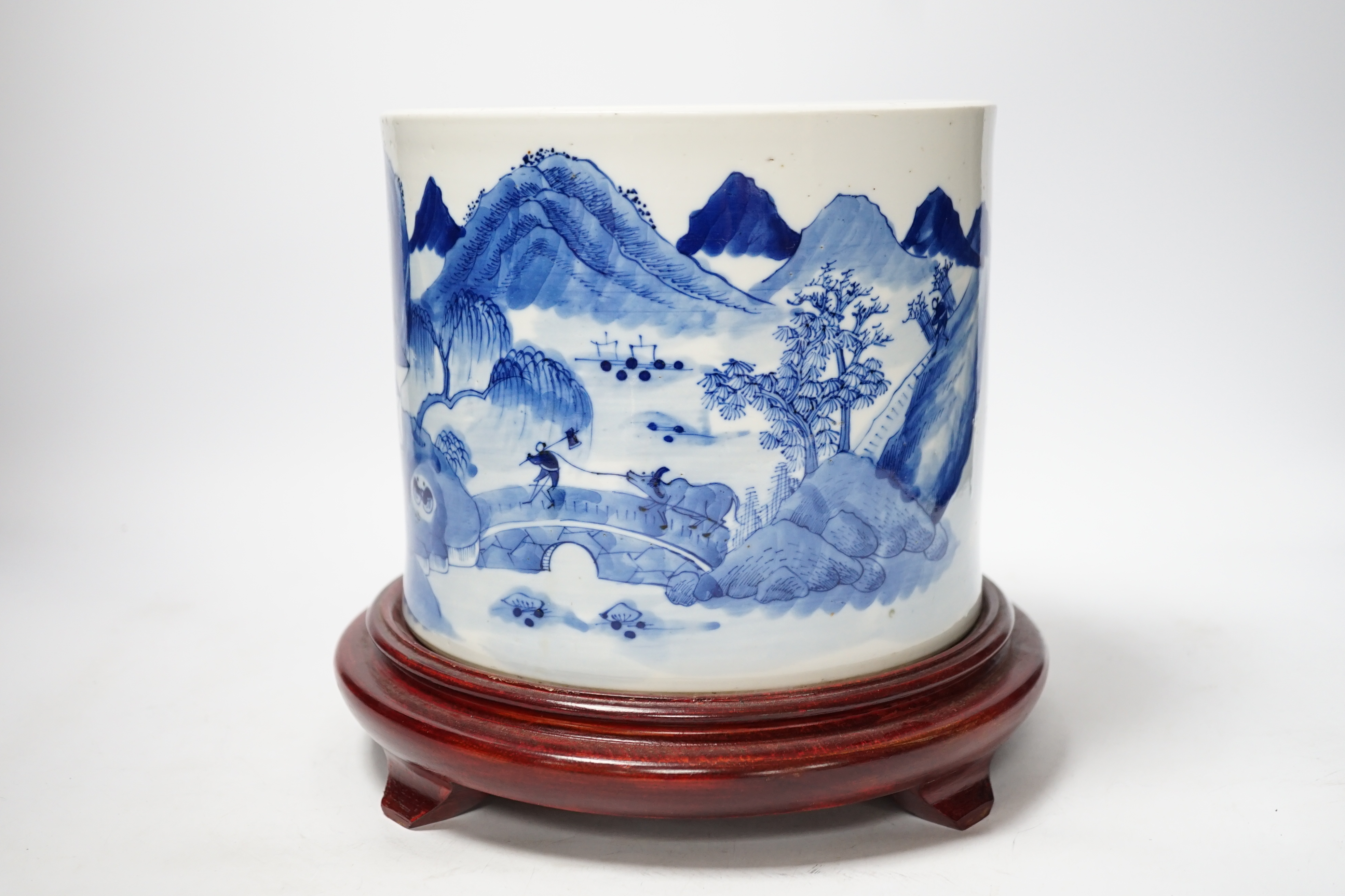 A Chinese blue and white ‘landscape’ cylindrical brushpot, bitong, 19th century